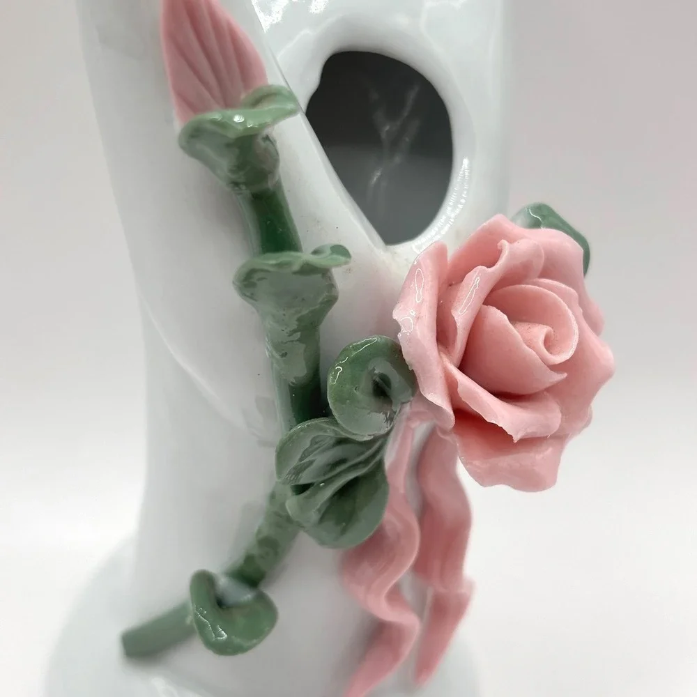 Vintage Porcelain Hand Bud Vase Ring Holder Pink Roses Hand Painted EUC
